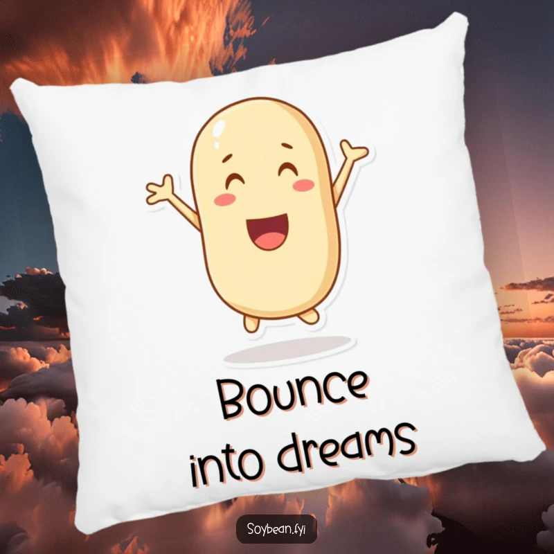 Funny pillow adorned with a joyful, leaping soybean character, offering comfort and a giggle.