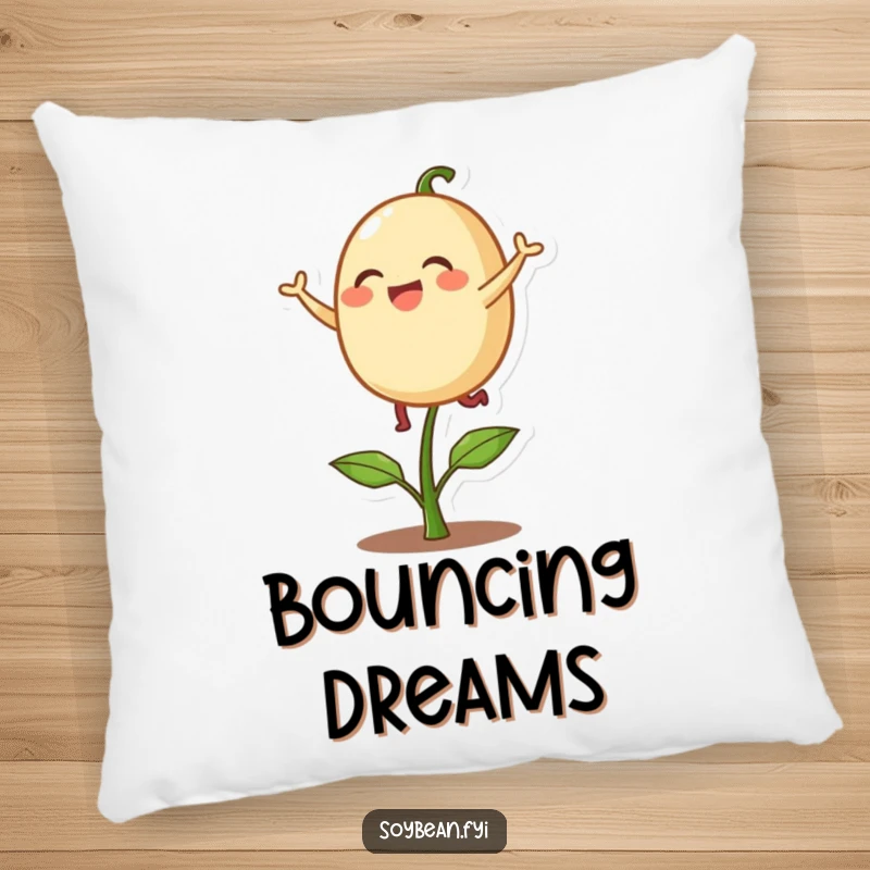 Funny pillow featuring a delighted soybean character playfully bouncing on a single sprout, offering comfort and a dose of lighthearted fun.