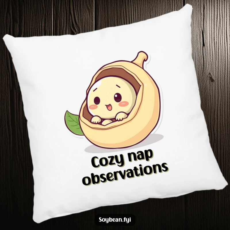 Funny curious soybean pillow peeking out from a pod, soft and huggable, a perfect funny gift for relaxation.