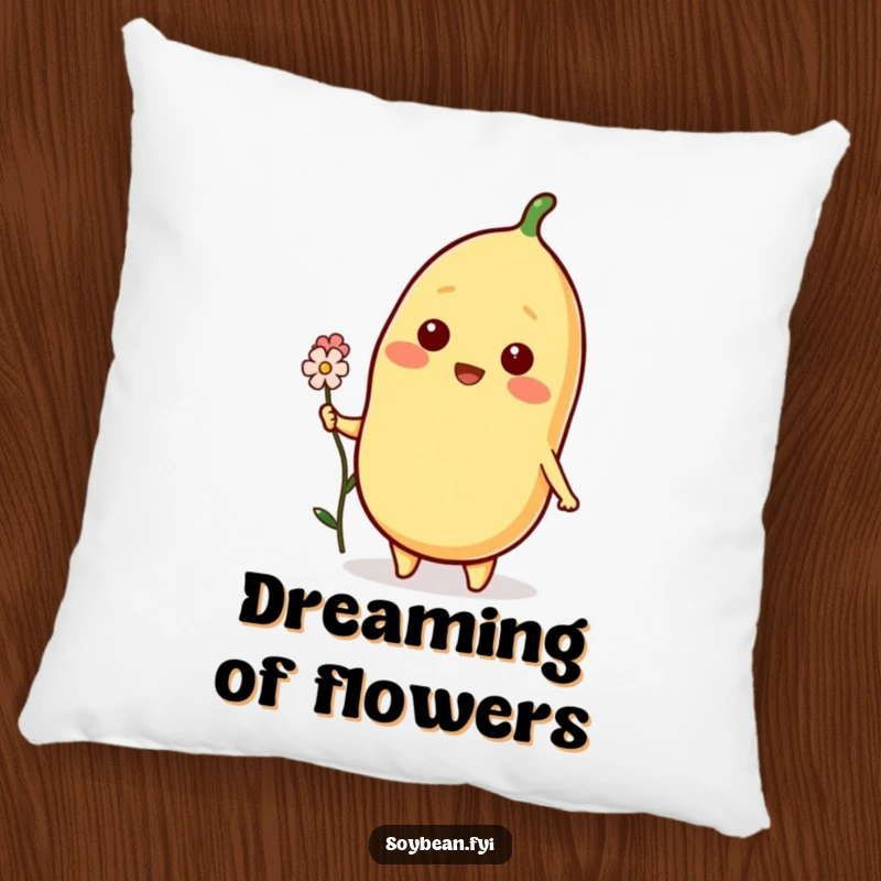 Funny Soybean Pillow featuring a beaming soybean character offering a tiny flower, providing comfort and a symbol of kindness.