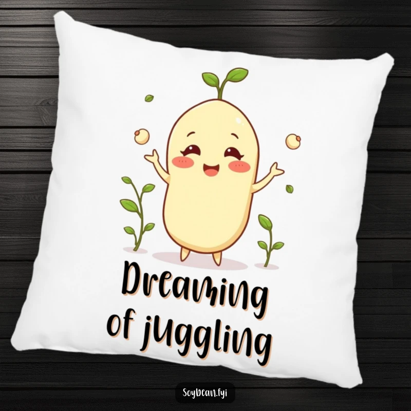 Funny happy soybean pillow grinning while juggling tiny sprouts, soft and huggable, a perfect funny gift for relaxation.