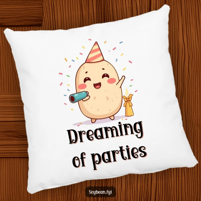 Funny pillow featuring a happy soybean character releasing confetti from a small cannon, adding a playful and festive touch to home decor.