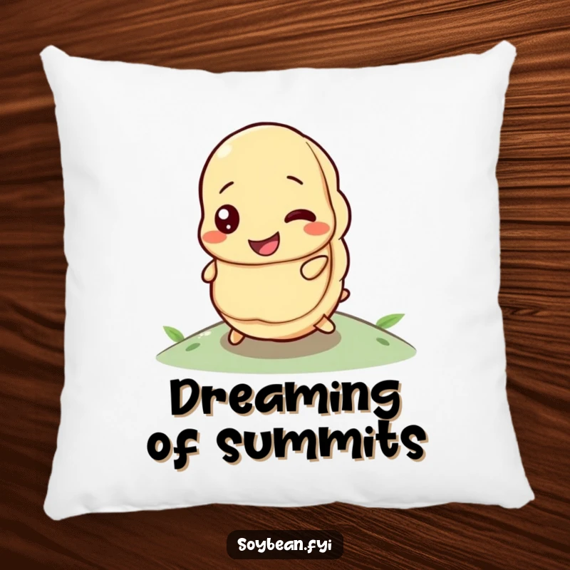 Funny pillow featuring a happy soybean character determinedly rolling uphill, offering comfort and motivation.