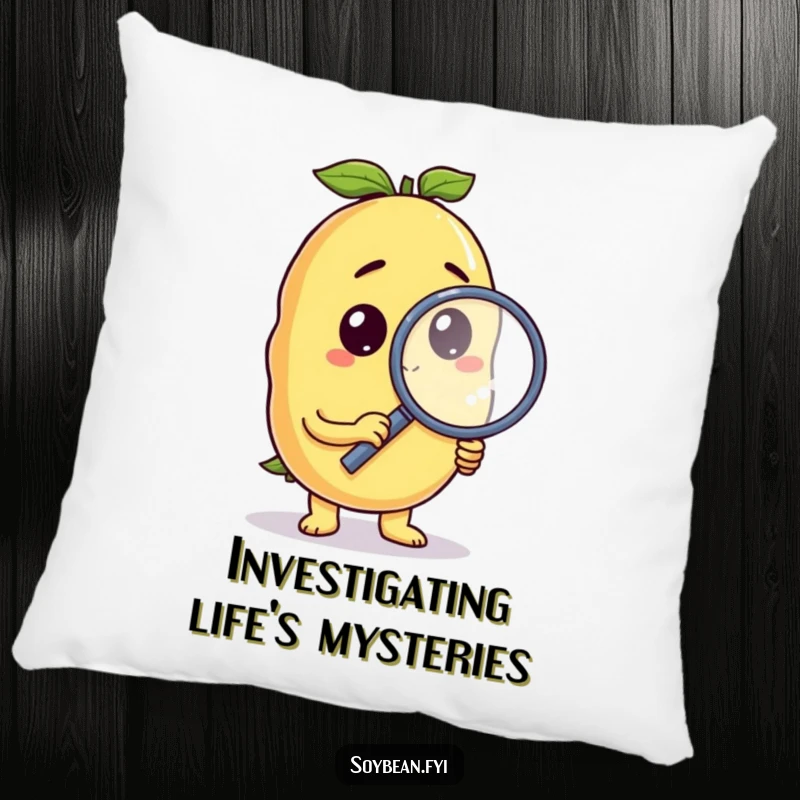 Funny soybean pillow with a curious anthropomorphic character holding a magnifying glass, offering comfort and humorous inquiry.