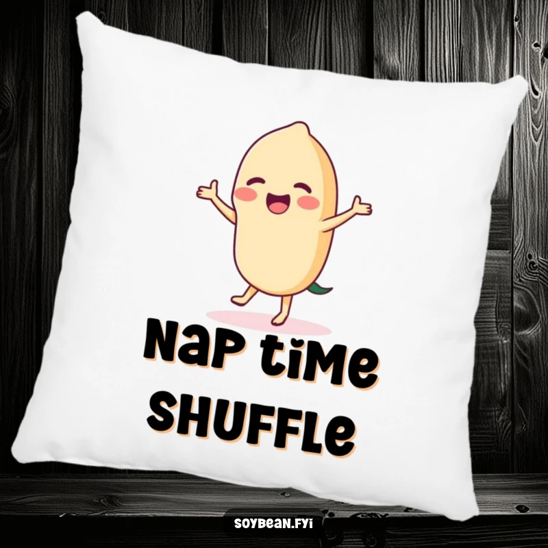 Funny dancing soybean pillow illustration, showing a content bean joyfully dancing, perfect for adding a humorous touch to any seating area.