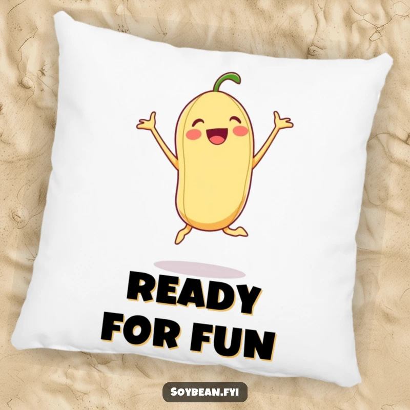 Funny Soybean Pillow: An excited soybean in a jumping jack pose, bringing energetic humor to a soft pillow.