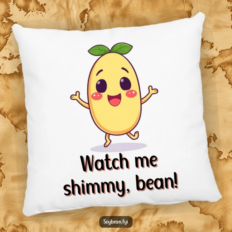 Funny soybean pillow with an excited anthropomorphic character doing a happy shuffle, offering comfort and humorous energy.