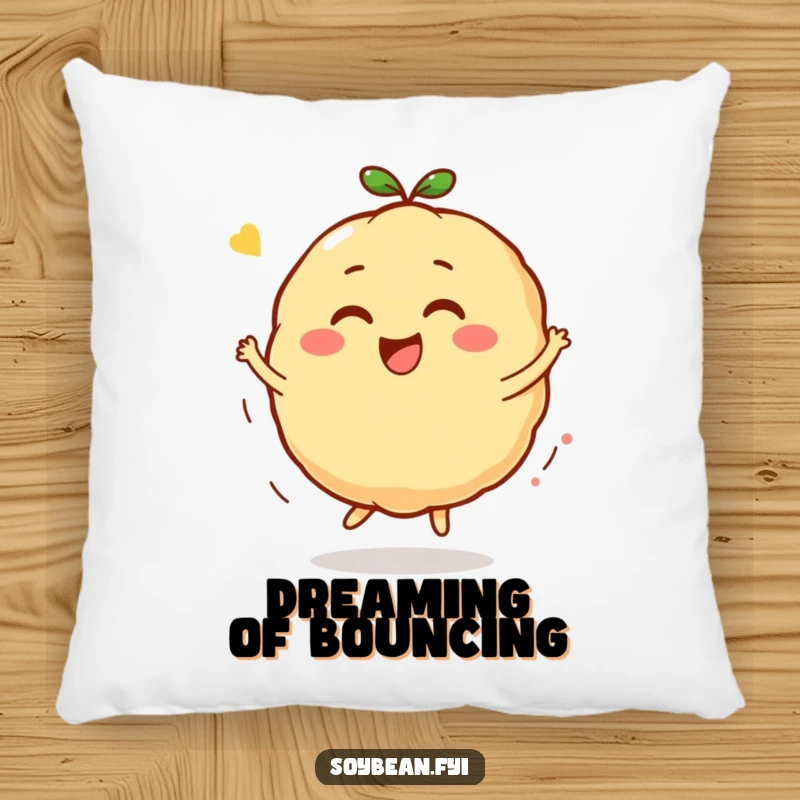 Funny Kawaii soybean character pillow featuring the character in a joyful bounce and spin, radiating pure happiness.