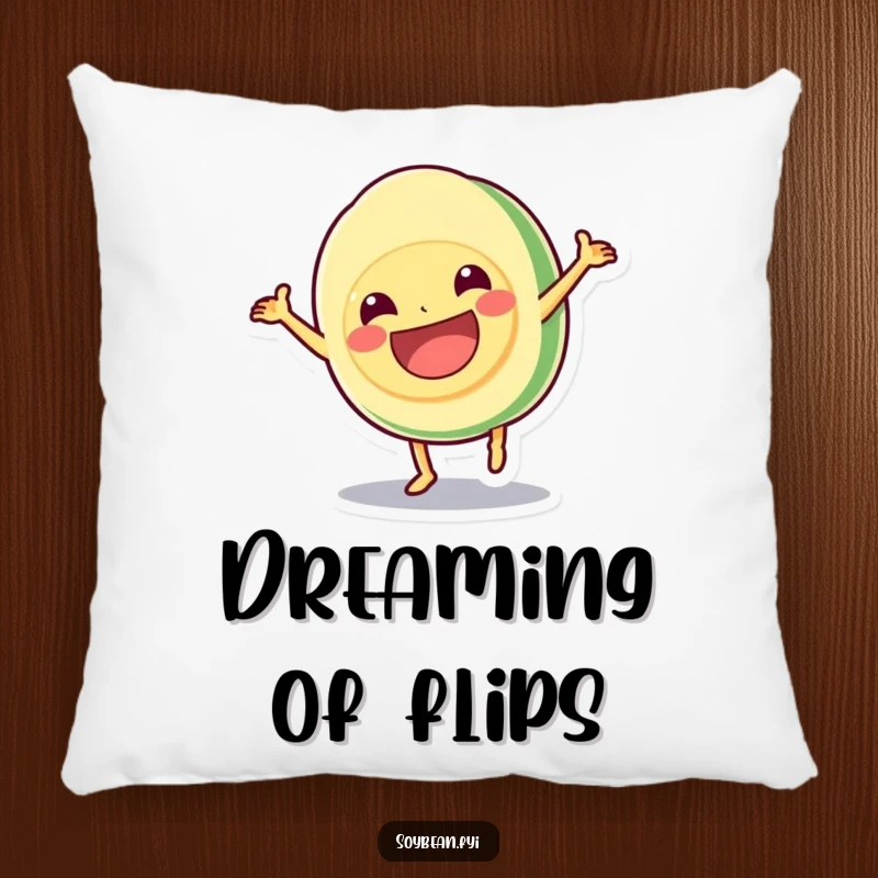 Funny pillow with a kawaii soybean doing a cartwheel with a grin, offering plush comfort and a dose of energetic humor, a perfect funny gift.