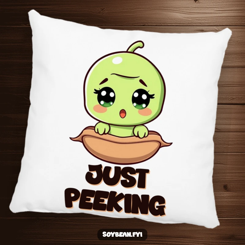 Funny surprised soybean pillow, wide-eyed bean peeking from pod, soft and squishy, adds a humorous touch to sofas.
