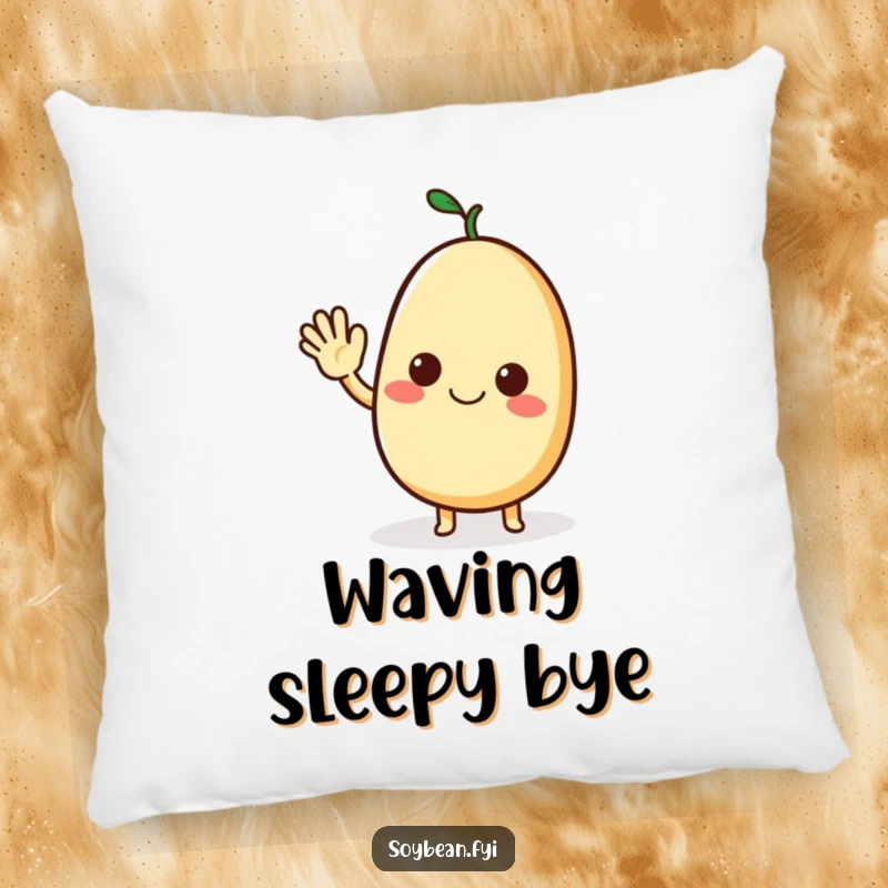 Funny pillow showcasing a smiling soybean character offering a warm, friendly wave, perfect for cozy comfort.