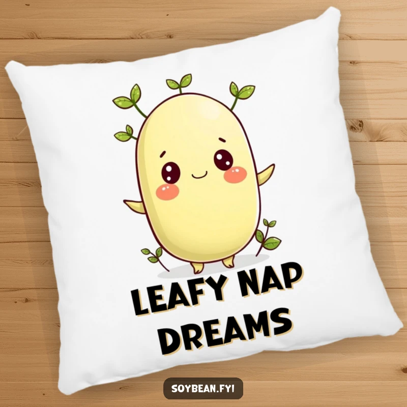Funny pillow showcasing a cheerful soybean character with delicate sprouting leaves, offering comfy natural vibes.