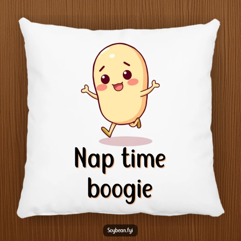 Funny Soybean Pillow featuring a cheerful soybean character doing a happy skip, perfect for adding playful coziness.