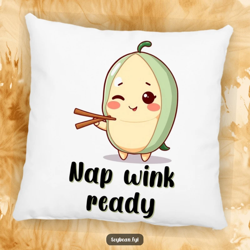 Funny pillow displaying a kawaii soybean character giving a charming wink while holding a chopstick, offering comfort and a playful vibe.