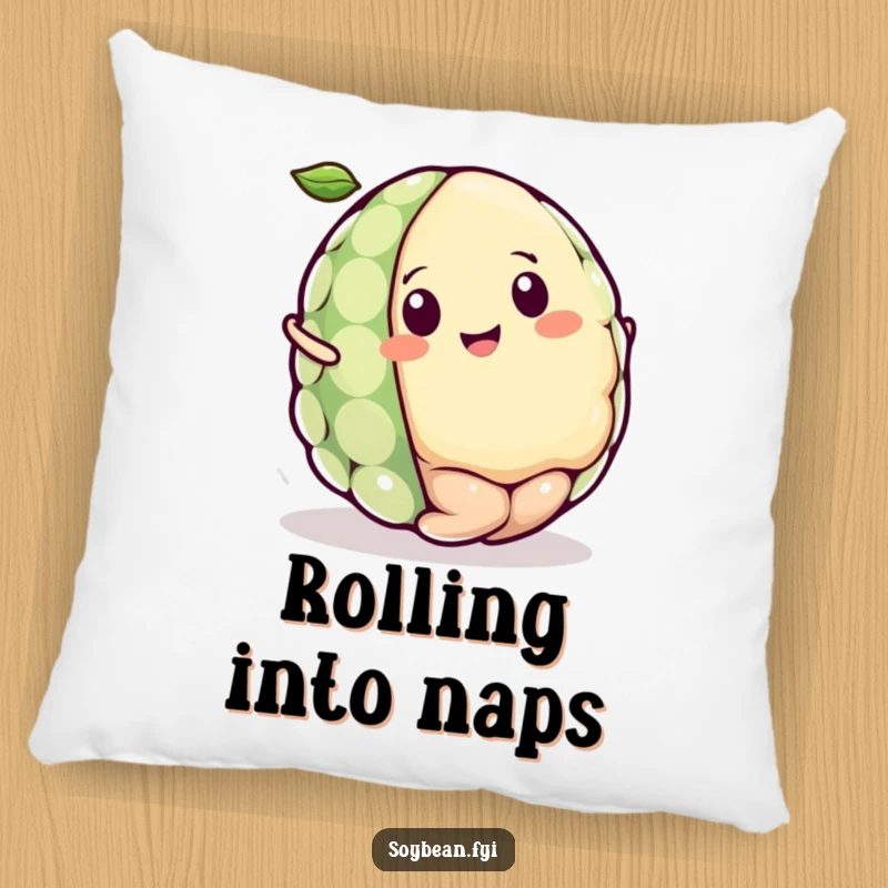 Funny Kawaii soybean character pillow featuring the character rolling joyfully like a tiny ball, radiating pure happiness.