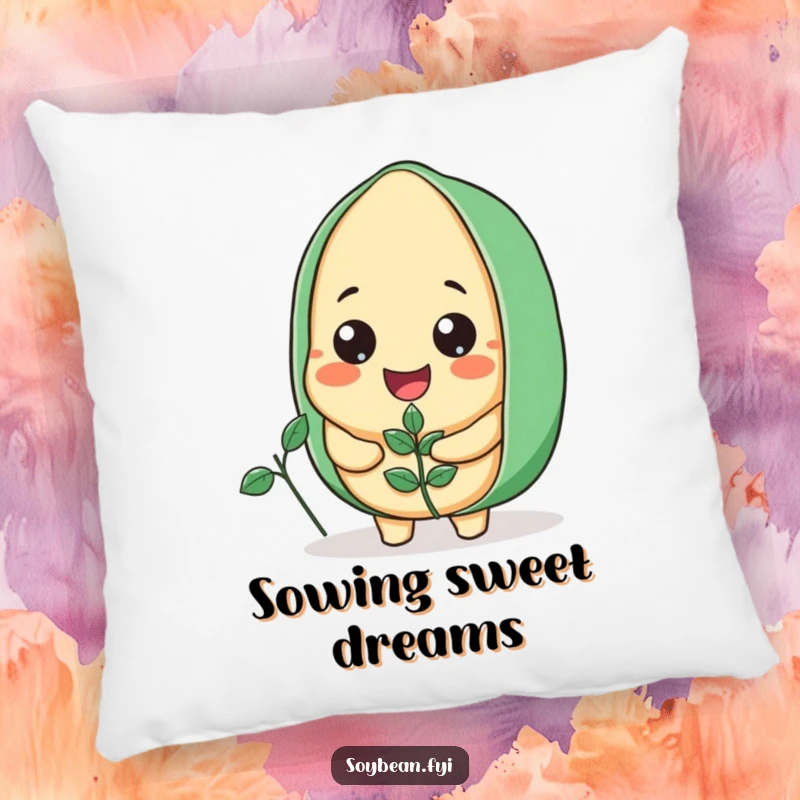 Funny Soybean Pillow featuring a cheerful, smiling soybean character holding a small plant, perfect for adding snuggly fun.