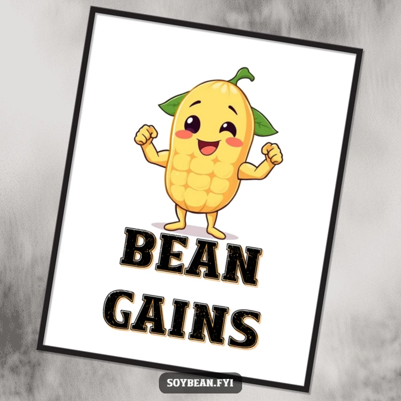 Funny digital art print of a cheerful anthropomorphic soybean powerfully flexing its muscles, perfect for instant decor.