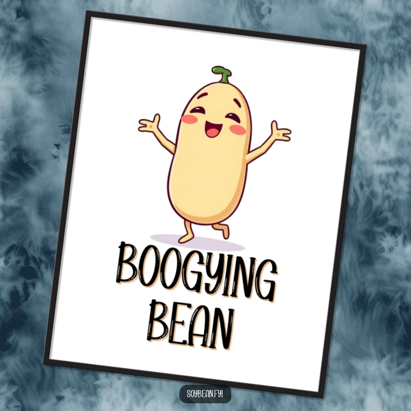 Funny digital art print of a delighted anthropomorphic soybean doing a silly, joyful dance, perfect for instant decor.