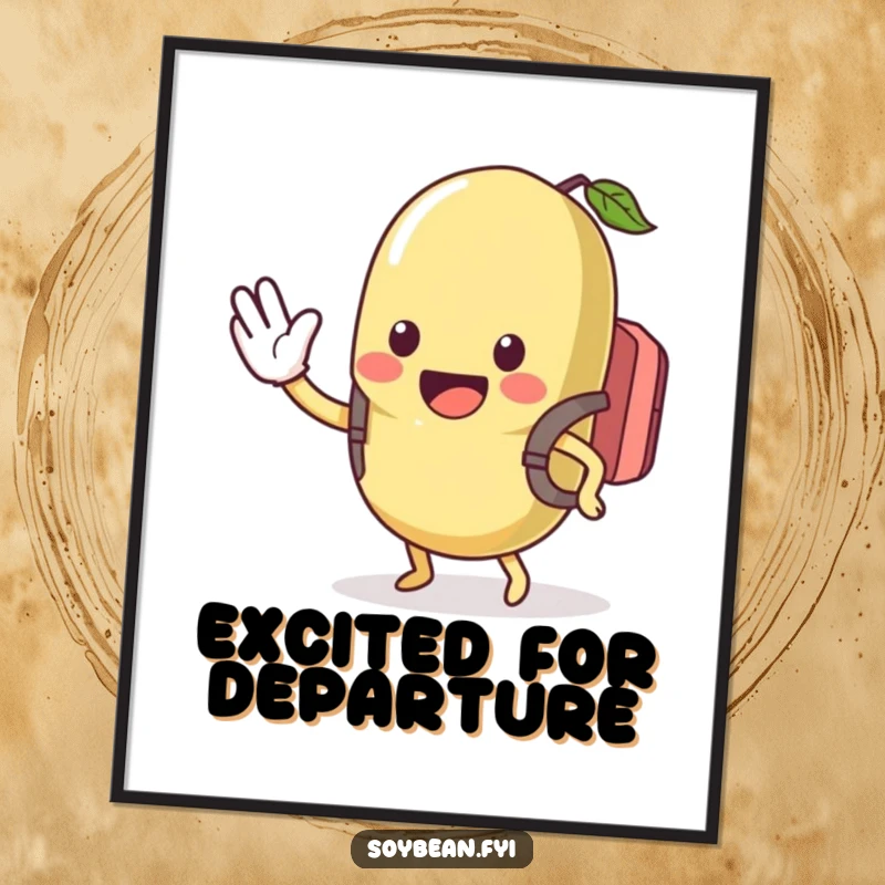 Funny digital art print of a kawaii soybean with a backpack, waving excitedly, bringing cheerful and humorous vibes to any printable decor, a fun gift.
