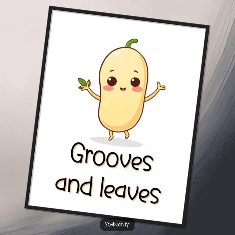 Funny digital art print of a lively soybean character dancing with its leafy arms, conveying joy and rhythm, perfect for vibrant decor.