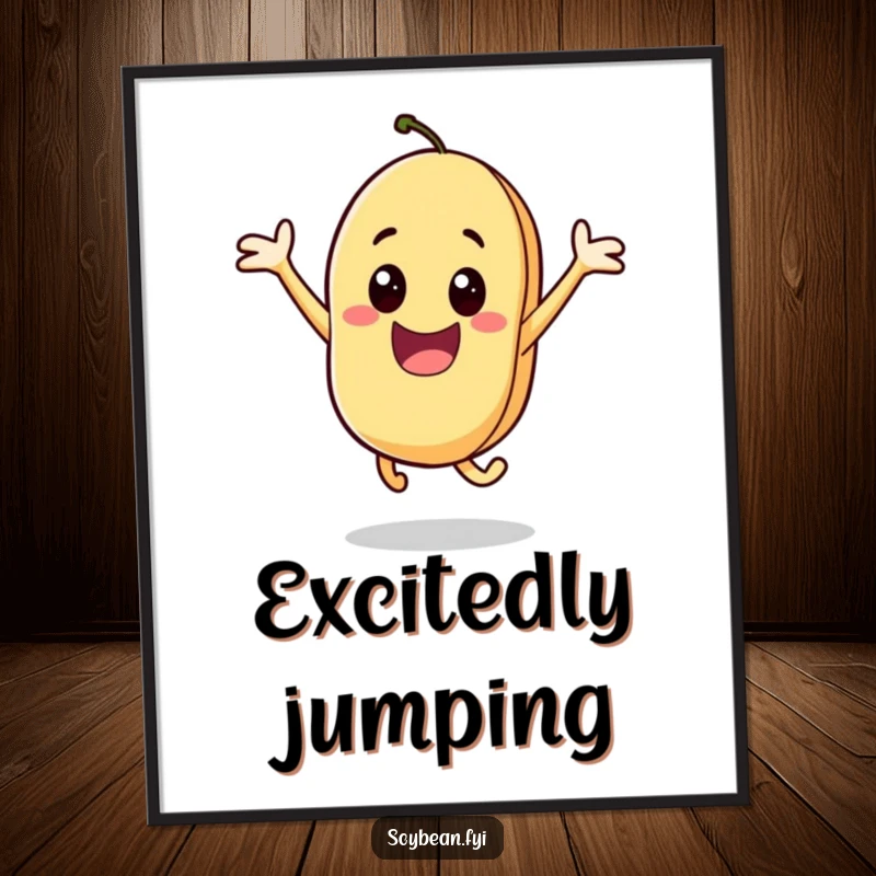 Funny digital art print of an energetic soybean character in a joyful leap, conveying pure excitement and happiness, perfect for lively decor.