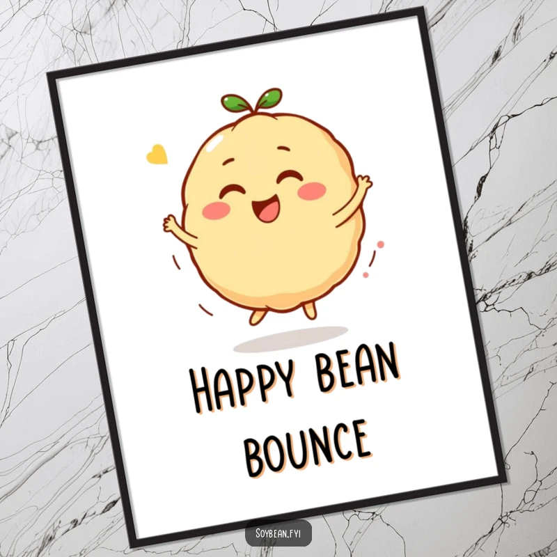 Funny Kawaii soybean character digital art print, featuring the character in a joyful bounce and spin with an expression of pure bliss.