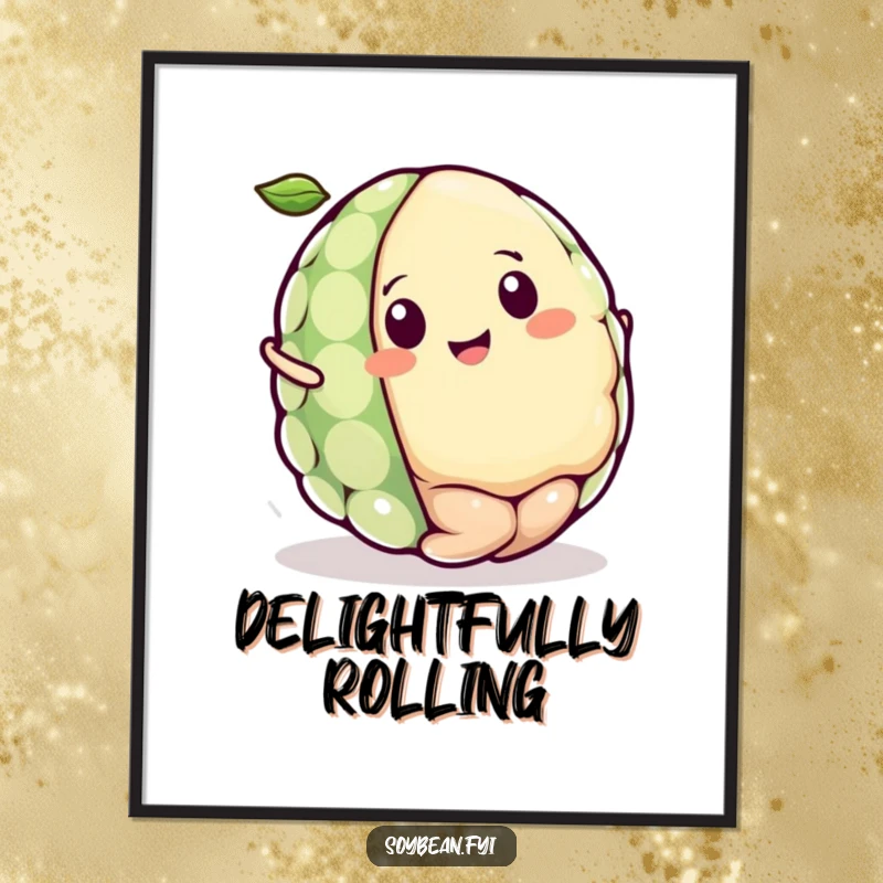 Funny Kawaii soybean character digital art print, featuring the character rolling joyfully like a tiny ball with an expression of pure bliss.