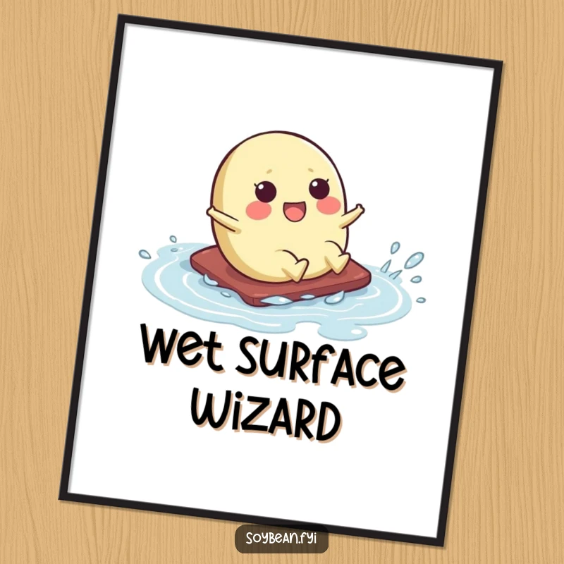 Funny digital art print of a cute kawaii soybean character humorously sliding across a wet surface, capturing a moment of comical chaos.