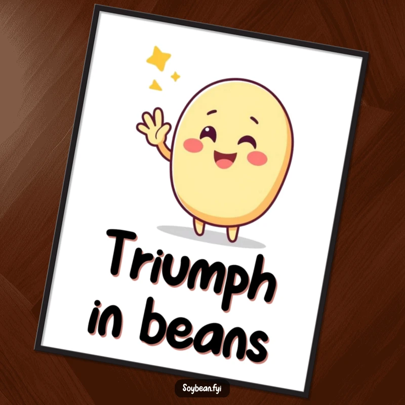 Funny Kawaii soybean character triumphantly waving with a cheerful smile, designed for vibrant digital display.