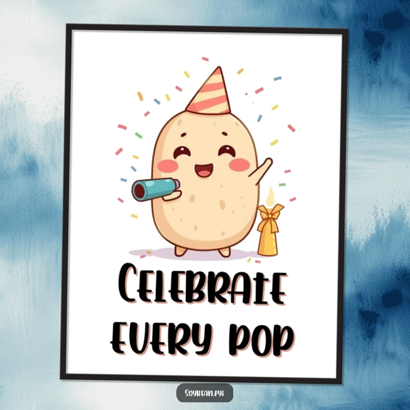 Funny digital art print of a soybean character joyfully launching a confetti cannon, creating a vibrant and humorous celebration for wall decor.