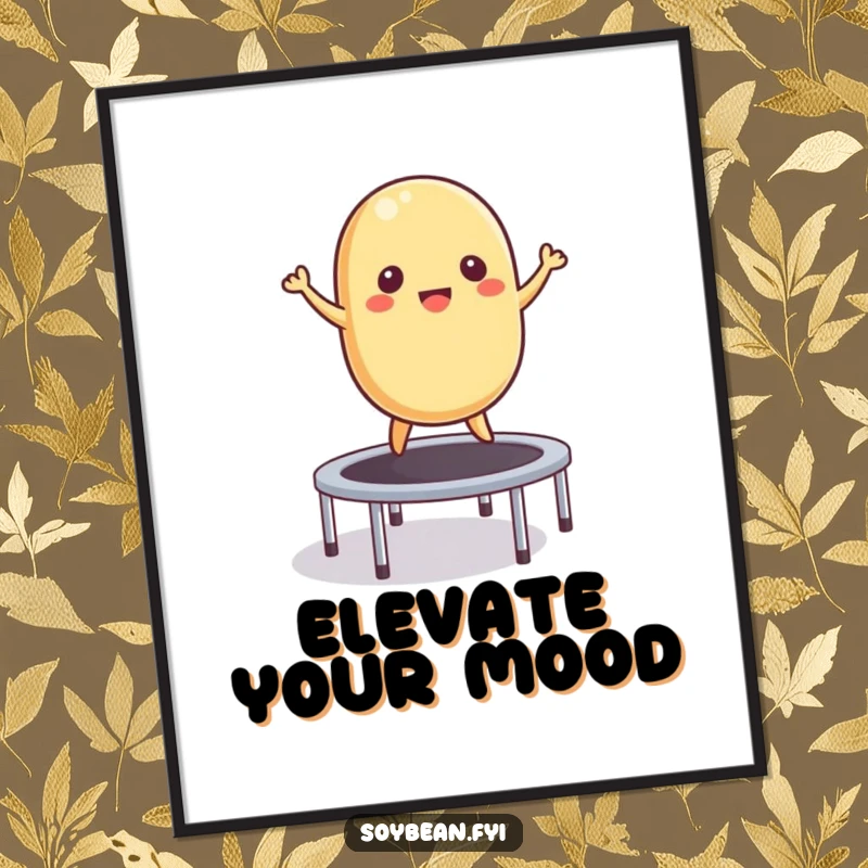 Funny Digital Art: A high-resolution print of a happy soybean enthusiastically bouncing on a small trampoline, full of life.