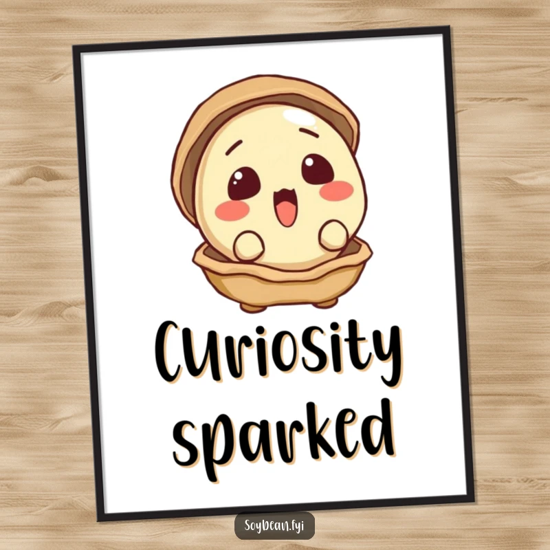 Funny digital art print of a surprised soybean peeking out from its shell with wide, curious eyes.