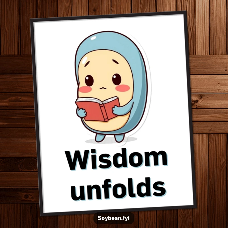 Funny digital art print of a thoughtful soybean character holding a small book, ideal for wall decor that appeals to readers and intellectuals.