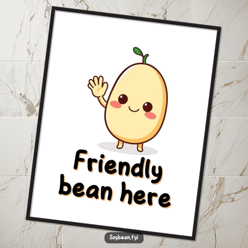Funny digital art print of a happy soybean character waving a friendly hello, ready to add charm.