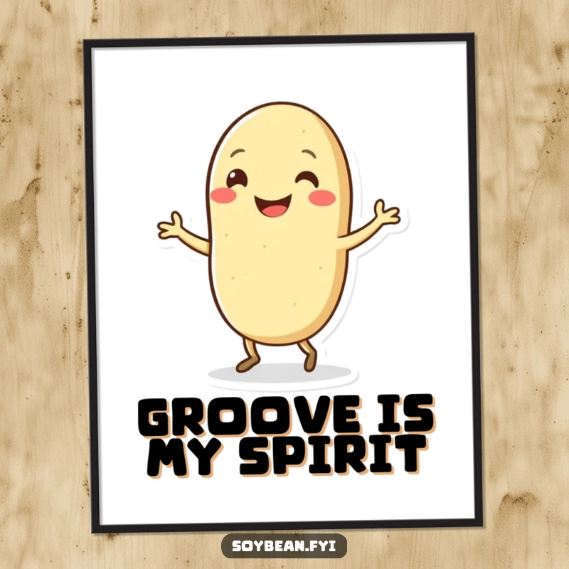 Funny Kawaii soybean character grinning and dancing energetically, available as a printable digital art file.