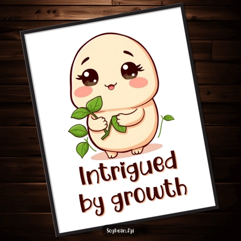 Funny digital art print of a kawaii soybean holding a sprout, looking curious, bringing thoughtful and humorous vibes to any printable decor, a fun gift.