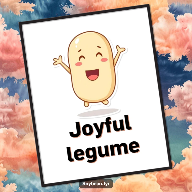 Funny digital art print of a jubilant soybean character leaping with pure delight, ready to be framed.