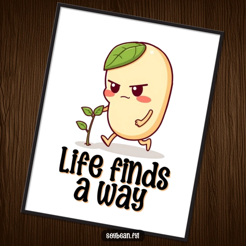 Funny digital art print of a determined soybean character pushing a sprout, ideal for wall decor with an inspirational and humorous message.
