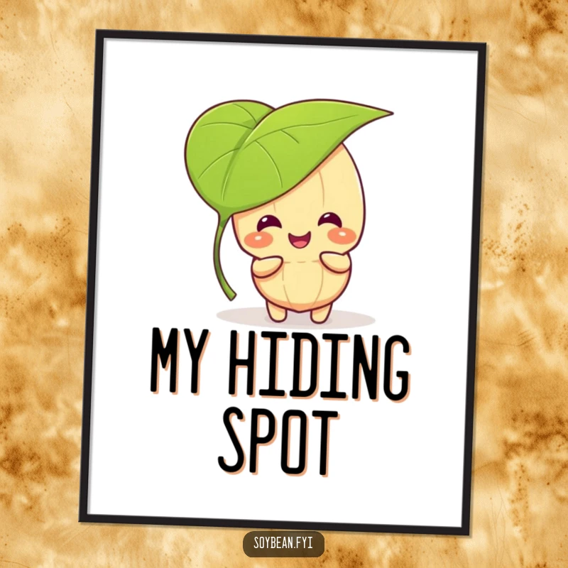 Funny kawaii soybean character giggling while playing peek-a-boo behind a large leaf, rendered as humorous digital art.