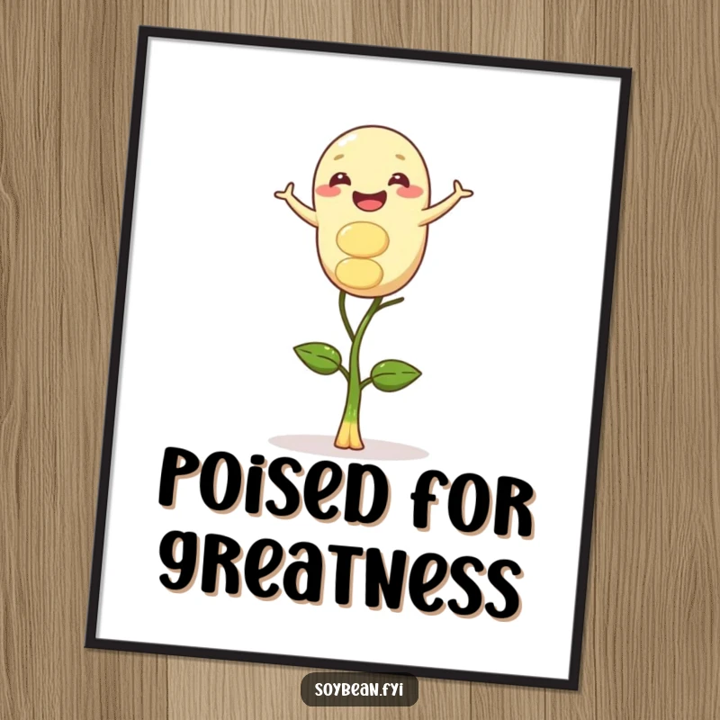 Funny digital art print of a gleeful soybean character in delicate balance on a sprout, perfect for calm and humorous wall decor.