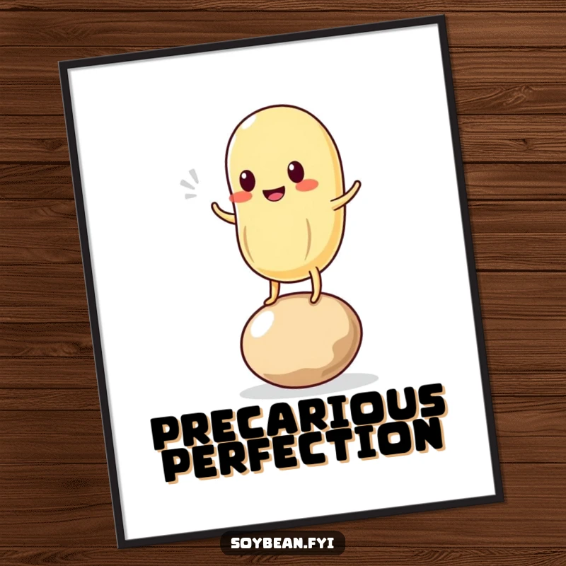 Funny digital art print of a cute kawaii soybean character wobbling precariously on a single bean, capturing a moment of hilarious instability.