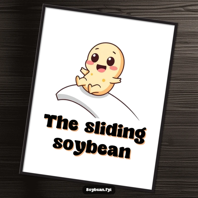 Funny kawaii soybean digital art print of a cute character playfully sliding down a ramp, ready to bring kawaii charm.