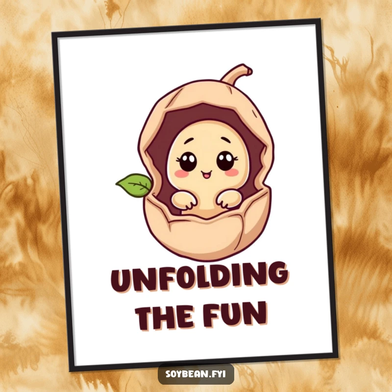 Funny giggling soybean peeking from a cracked bean pod, humorous digital art print for instant download.