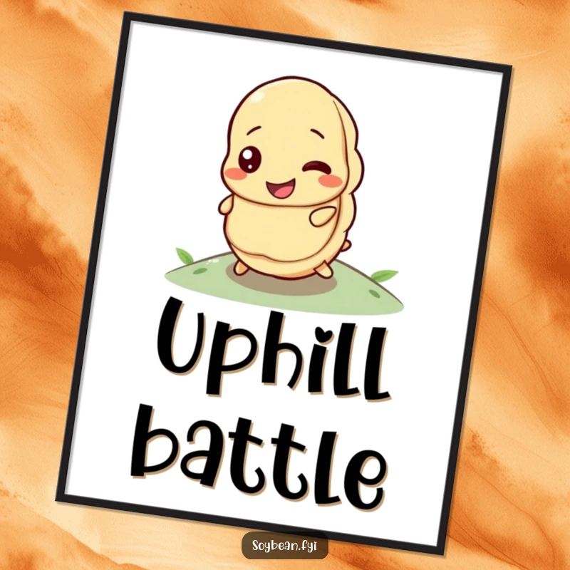 Funny digital art print of a happy soybean with a determined look, bravely rolling uphill.