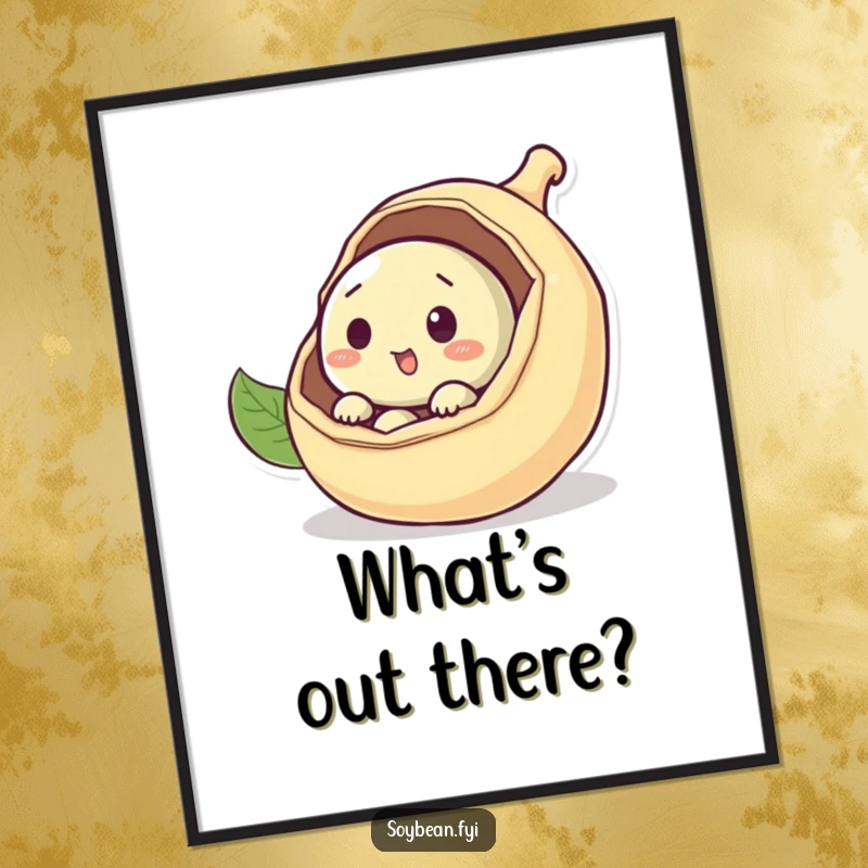 Funny curious soybean digital art print peeking out from a pod, a burst of charm to decorate any space, a great funny gift.