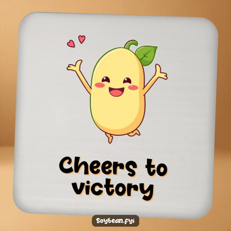 Funny soybean coaster with a grinning anthropomorphic soybean doing a celebratory jump, adding a touch of humor to drink service.