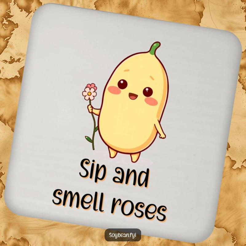 Funny Soybean Coaster set featuring a beaming soybean character offering a flower, combining surface protection with gentle, humorous charm.