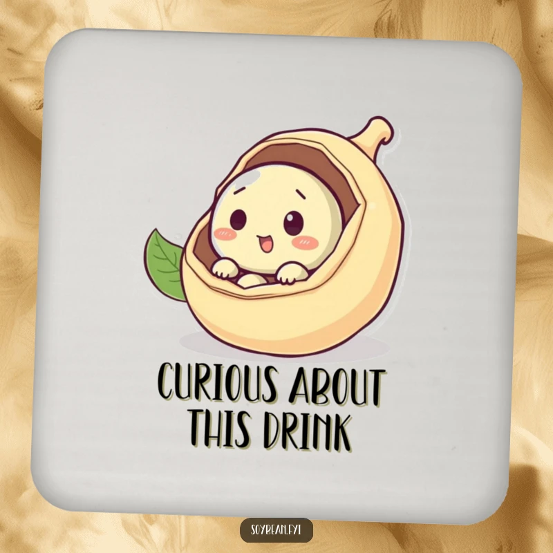 Funny curious soybean coasters peeking out from a pod, protecting tables with bean-themed curiosity, an awesome funny gift.