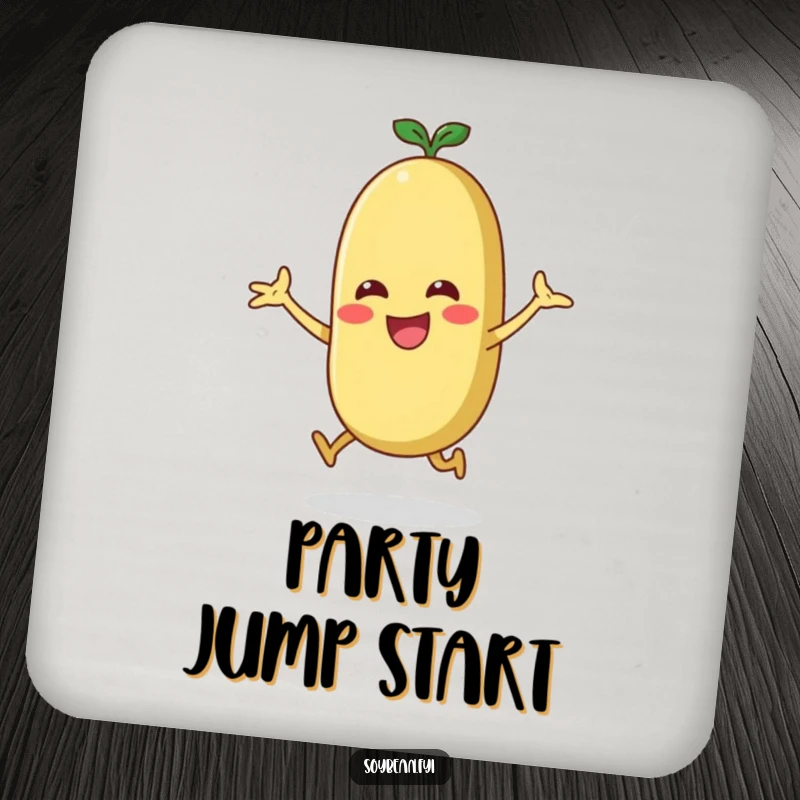 Funny energetic soybean doing a jumping jack on protective drink coasters.