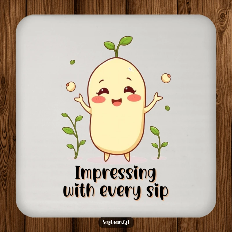 Funny happy soybean coasters grinning while juggling tiny sprouts, protecting tables with bean-themed talent, an awesome funny gift.